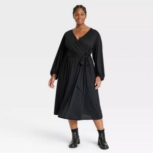 2/$20   Ava & Viv Black Balloon Long Sleeve Midi Belted Dress NWOT